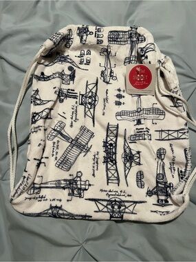 Kids Drawstring Backpack - White with Navy Aircraft Print